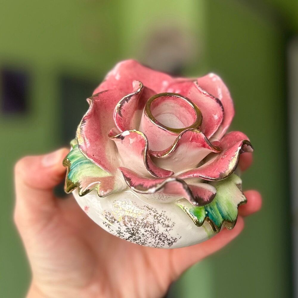 ❌SOLD 3D Pink Floral Rose Dainty Candlestick Holder Art Accent - Picture 6 of 12